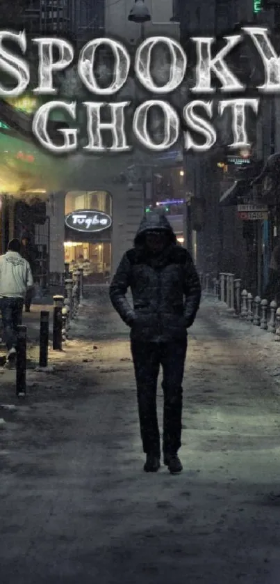 Eerie dark city street with ghostly figures.