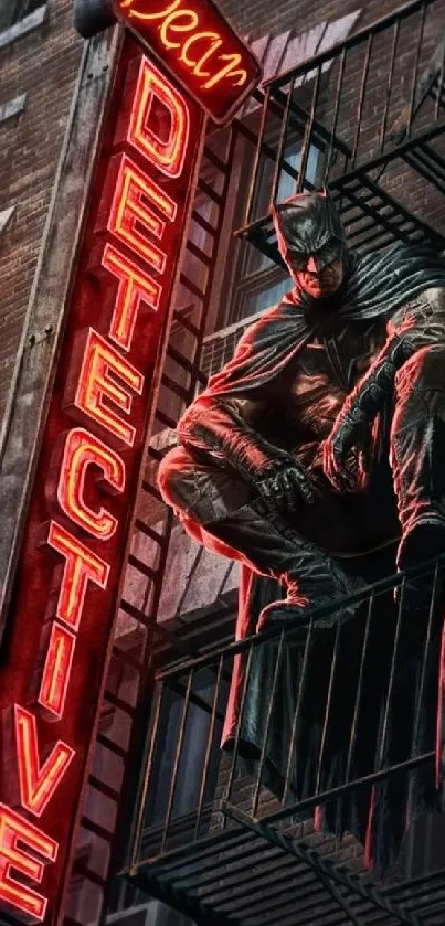 Urban hero crouched on fire escape with neon 'Detective' sign.