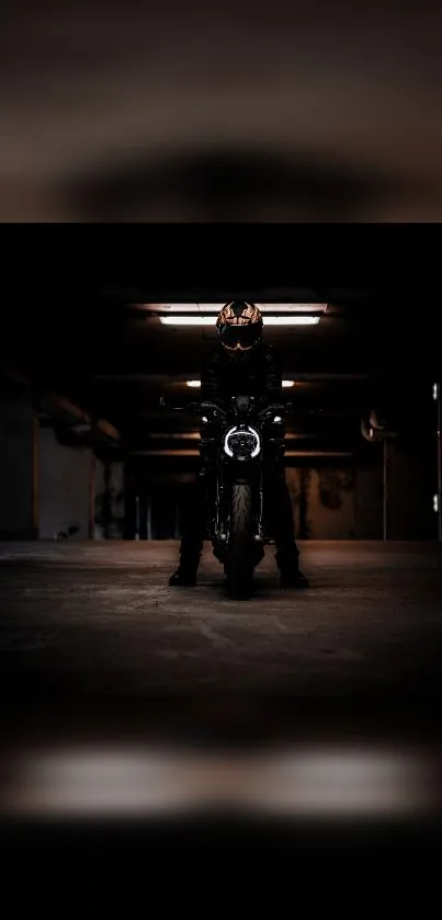 Motorcycle in a dark urban setting with dramatic lighting.