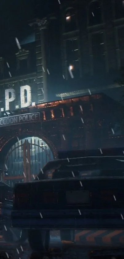 Dark urban police station with atmospheric night lighting.