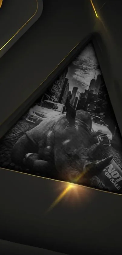 Dark urban wallpaper with a rhino in a triangular frame accented by gold highlights.