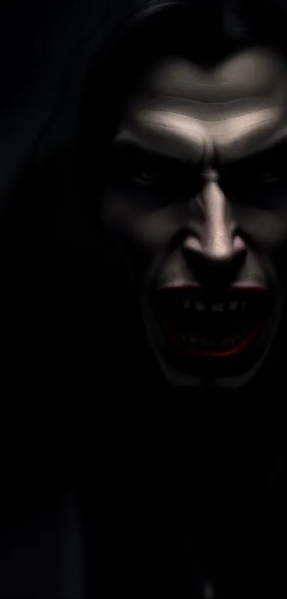 Dark vampire face with glowing eyes in shadowy background.