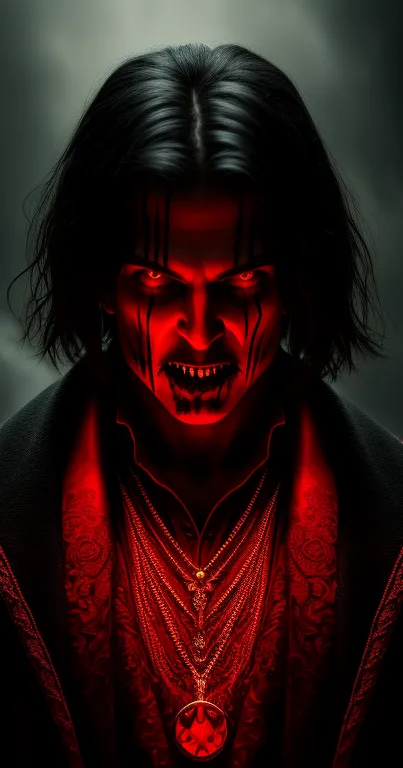 Dark vampire with glowing red aura in a mysterious, gothic-themed wallpaper.