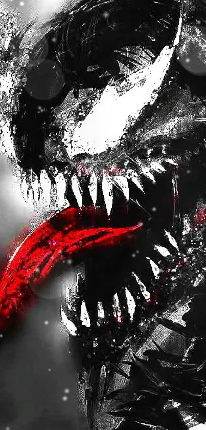 Venom character in dark art wallpaper with vivid red accents.