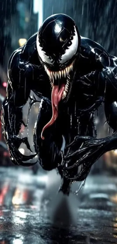 Venom character striking a dynamic pose in a dark, rainy city setting.