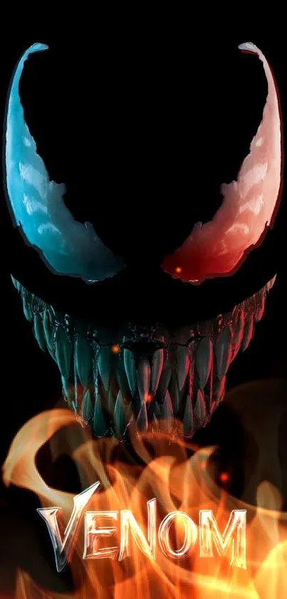 Venom character with vibrant eyes and teeth on a dark background.