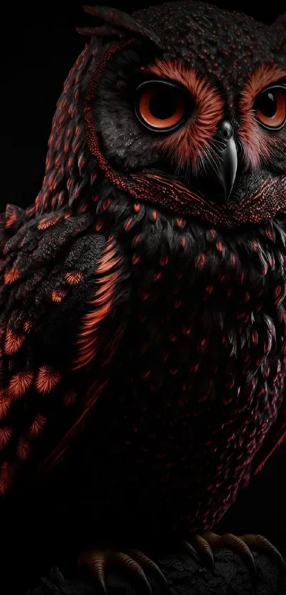 Dark-themed owl art with vibrant red accents on a black background.