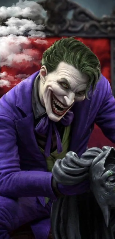 Dynamic Joker in purple suit, holding face with clouds in background.