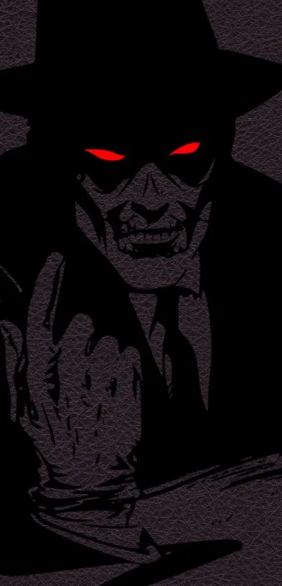 Dark villain with glowing red eyes on leather texture background.