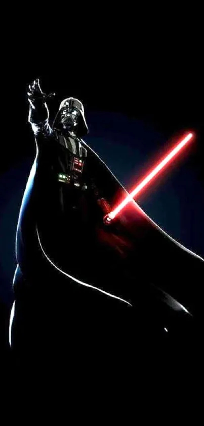 Dark villain with red lightsaber on black background, iconic sci-fi theme.