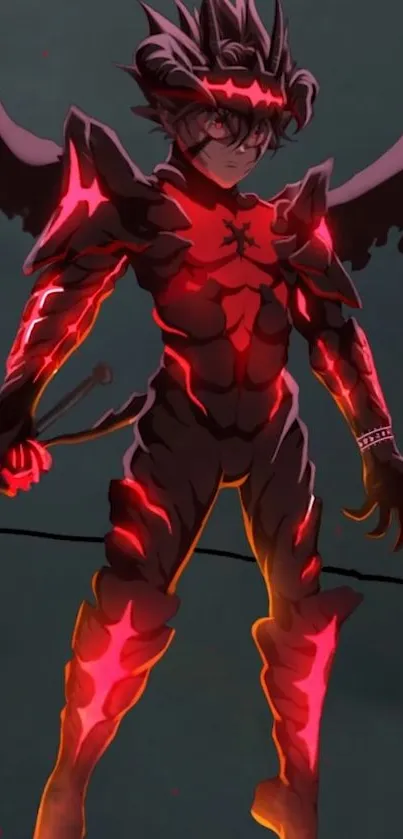 Dark anime warrior with glowing red armor and wings.