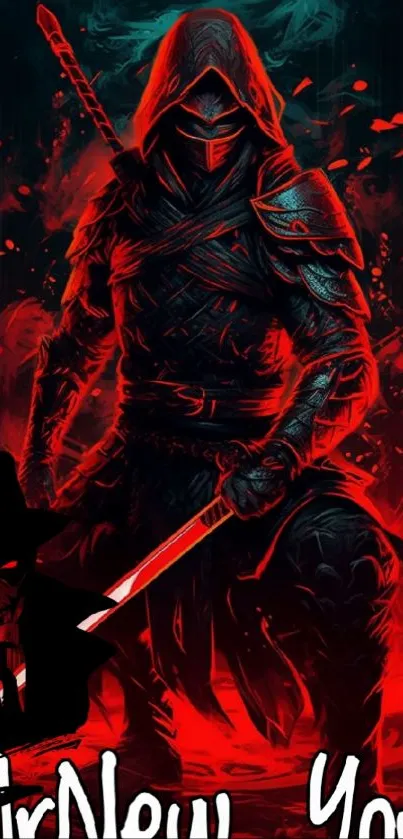 Dark warrior artwork in red and black hues, perfect for mobile screens.