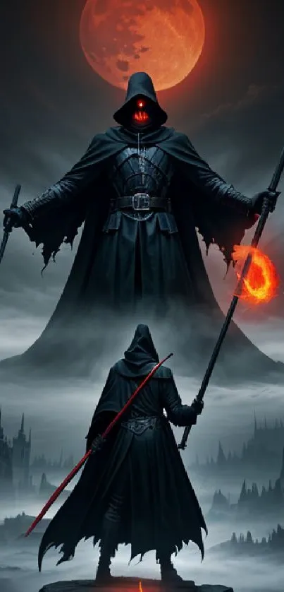 Dark hooded warrior with red moon.