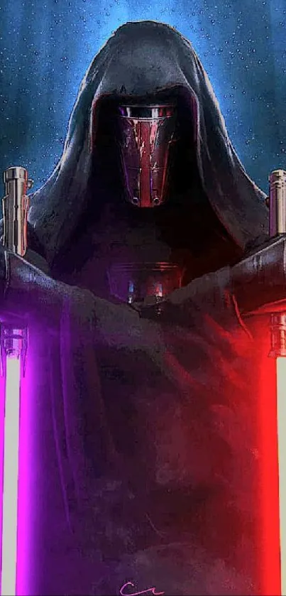 Dark warrior with lightsabers in cosmic cloak, sci-fi mobile wallpaper.