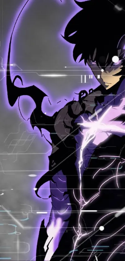 Anime warrior with purple lightning energy in dark aesthetic.