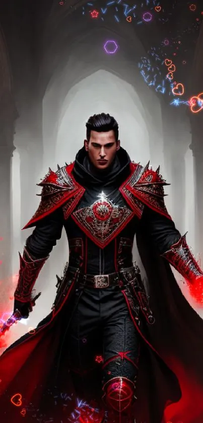 Fantasy dark warrior with red armor in gothic setting wallpaper.