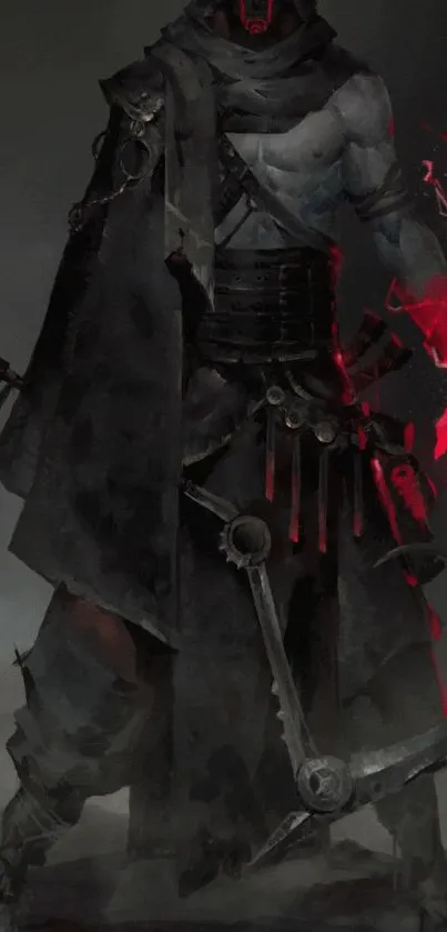 Dark fantasy warrior with red energy in hand.