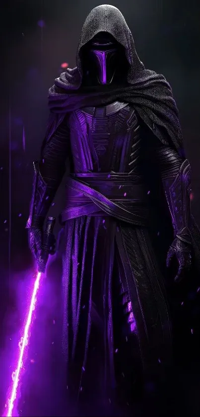 Dark hooded warrior with glowing purple saber.