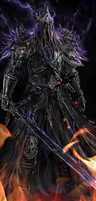 Fantasy warrior with dark armor and glowing purple elements.