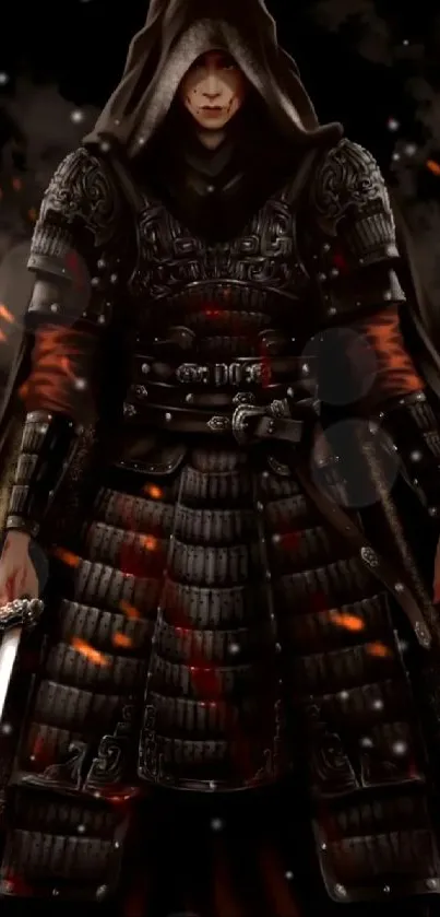 Dark warrior in armor with fiery background, holding a sword.