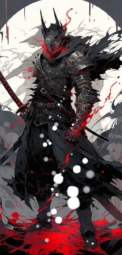 Dark warrior with red accents on a fantasy wallpaper.