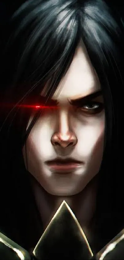 Dark warrior with glowing eyes on a mobile wallpaper, intense and mysterious.