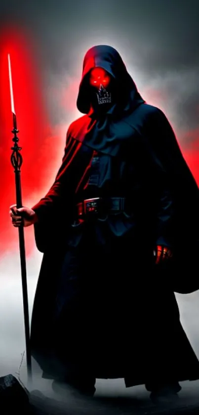 Dark warrior with glowing red staff in a misty setting, ideal for mobile wallpaper.