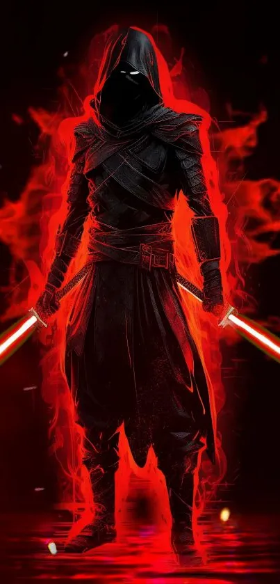 Dark hooded warrior with red lightsabers on fiery background.