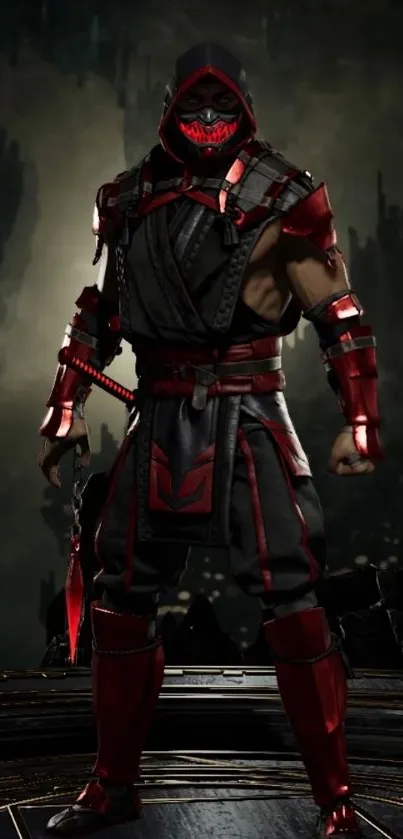 Dark armored warrior with red accents standing boldly.