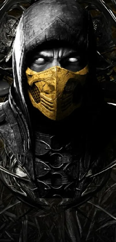 Dark, mysterious warrior with mask on mobile wallpaper.