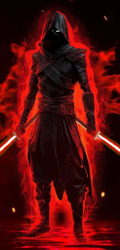 Dark warrior in red flames holding lightsabers against a black background.