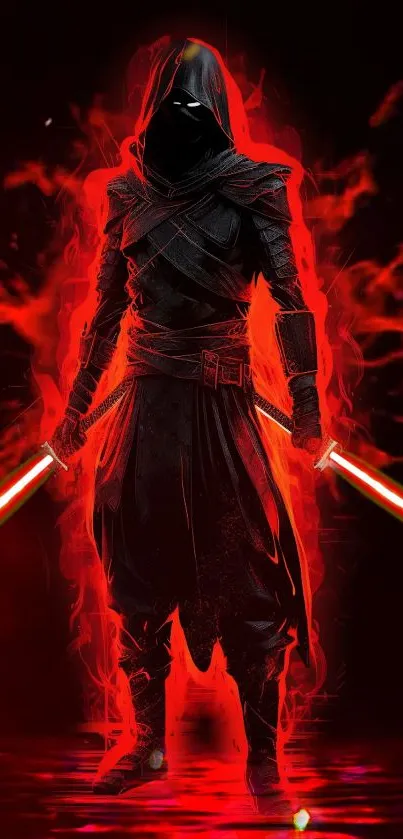 Dark warrior with red lightsabers and glowing aura mobile wallpaper.