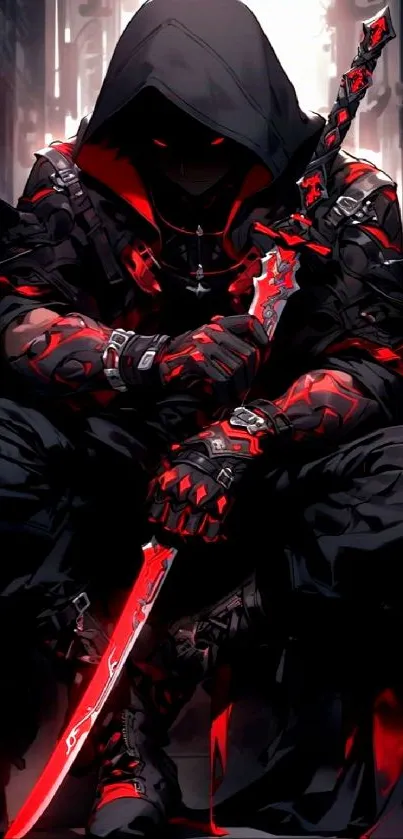 Dark warrior in hood with red sword on mobile wallpaper.