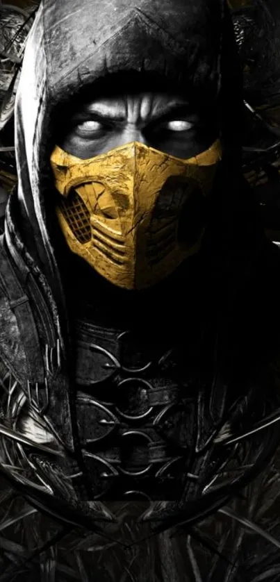 Dark warrior wallpaper with yellow mask and intricate armor details.