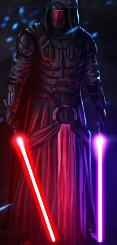 Mysterious dark warrior with red and purple lightsabers on a moody background.