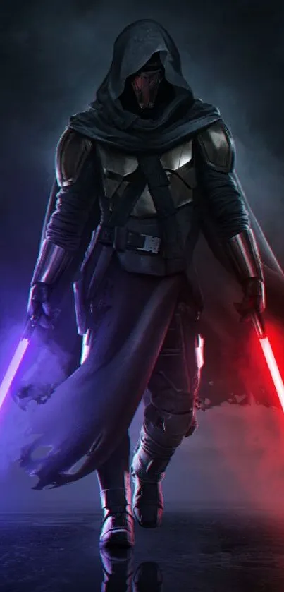 Dark warrior holding blue and red lightsabers, shrouded in mystery.