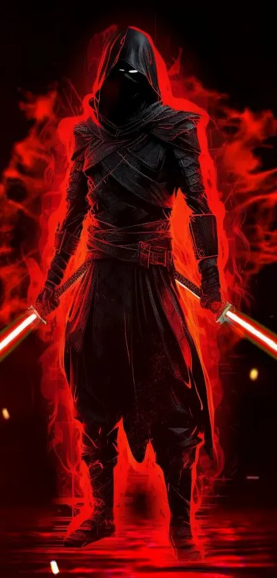 Hooded warrior with red lightsabers in fiery scene