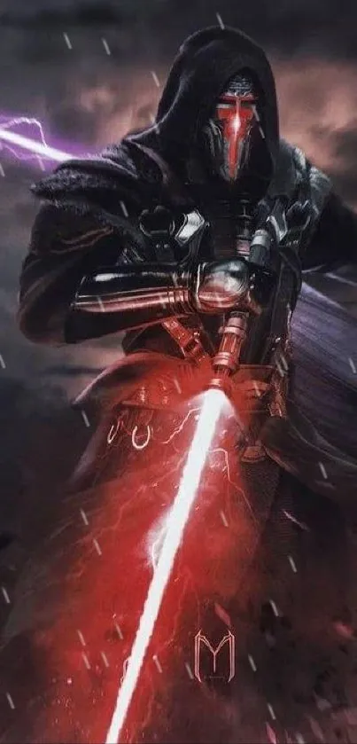 Hooded figure with a red lightsaber and electrifying background.