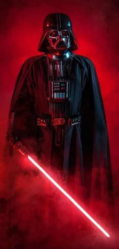 Dark warrior with red saber in foggy red background.