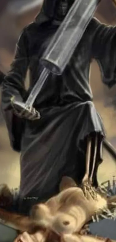 Dark-clad warrior with a sword in gothic fantasy art.