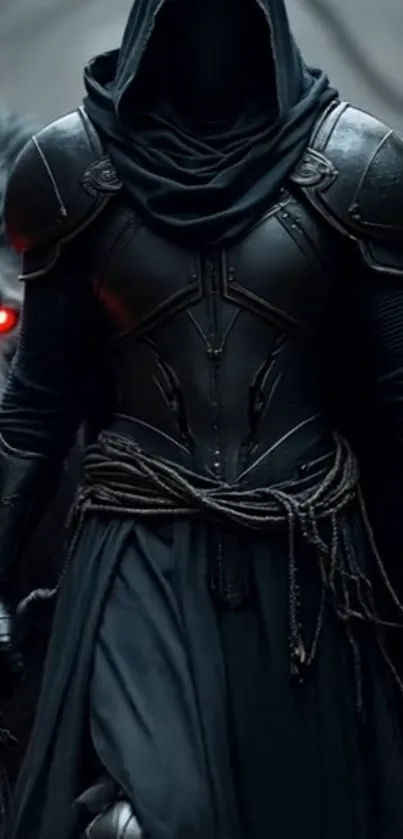 Dark warrior flanked by mythical wolves with glowing eyes.