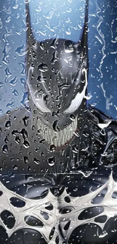 Dark themed wallpaper with a menacing figure and water droplets overlay.