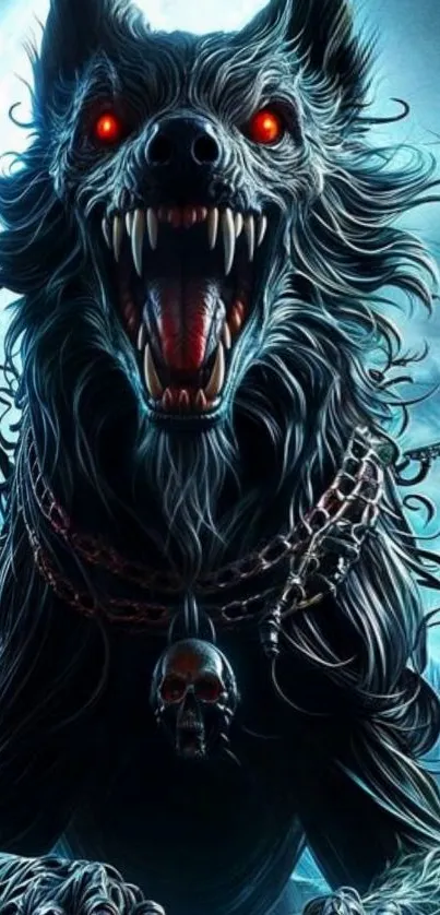 Dark werewolf with glowing red eyes against a mystical backdrop.