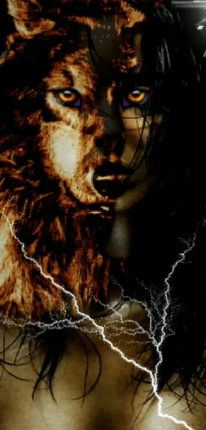 Half-wolf, half-woman art with lightning on dark background.