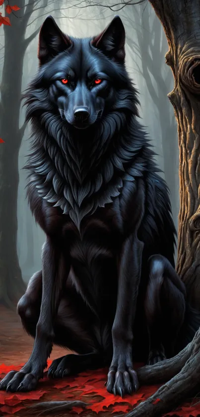 Dark wolf with red eyes in a misty autumn forest.