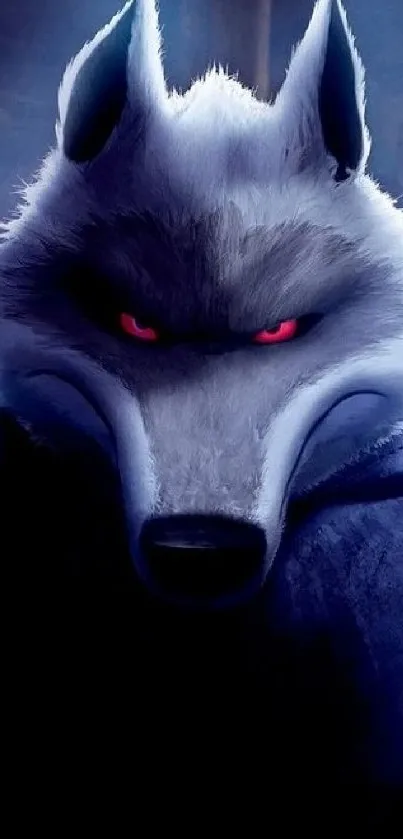 Dark wolf with red eyes in shadowy background, intense gaze.