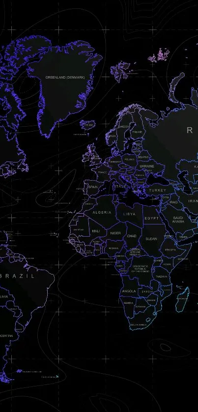 Dark-themed world map wallpaper for mobile, showcasing geographical details in black.