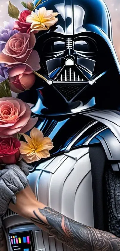 Darth Vader holding flowers in a floral-themed artistic wallpaper.