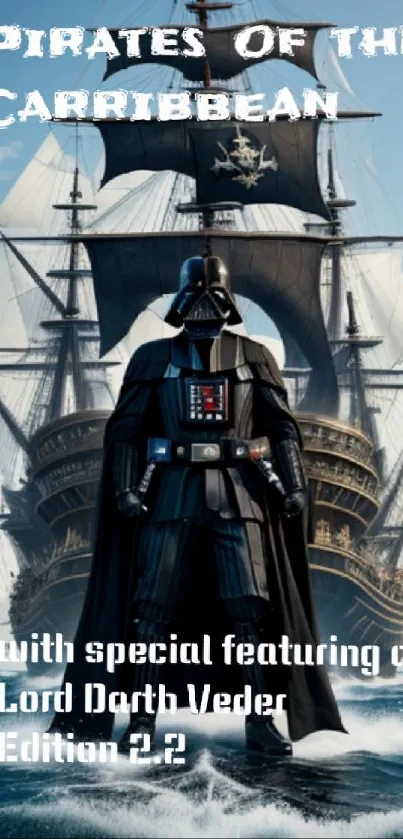 Darth Vader stands on pirate ship with blue sky background.