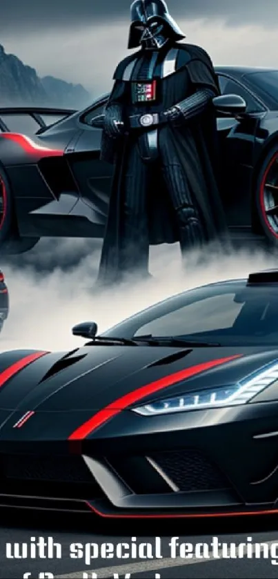 Darth Vader stands by sleek supercar in dynamic wallpaper.